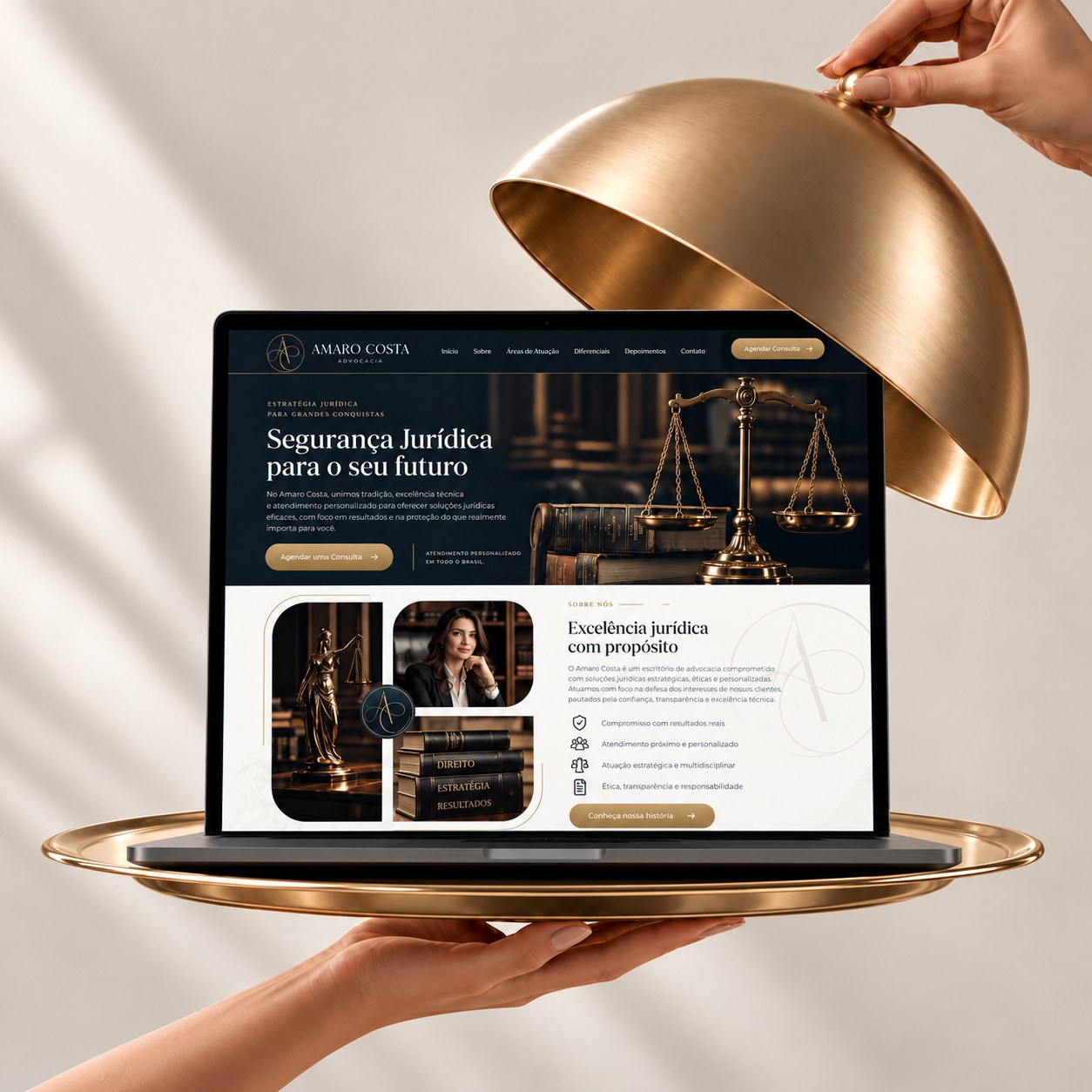 Landing page Amaro Costa revelada sob uma cloche dourada