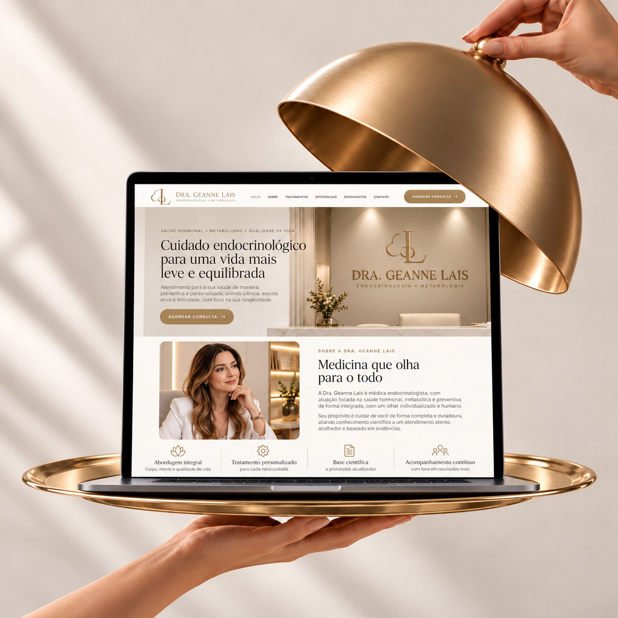 Landing page Dra. Geanne Lais revelada sob uma cloche dourada
