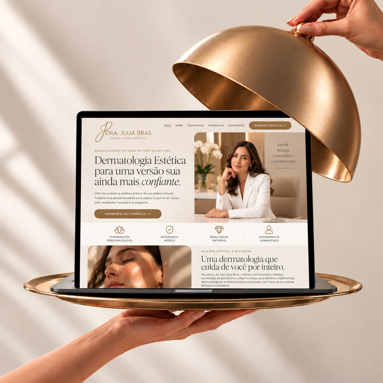 Landing page Dra. Julia Bras revelada sob uma cloche dourada