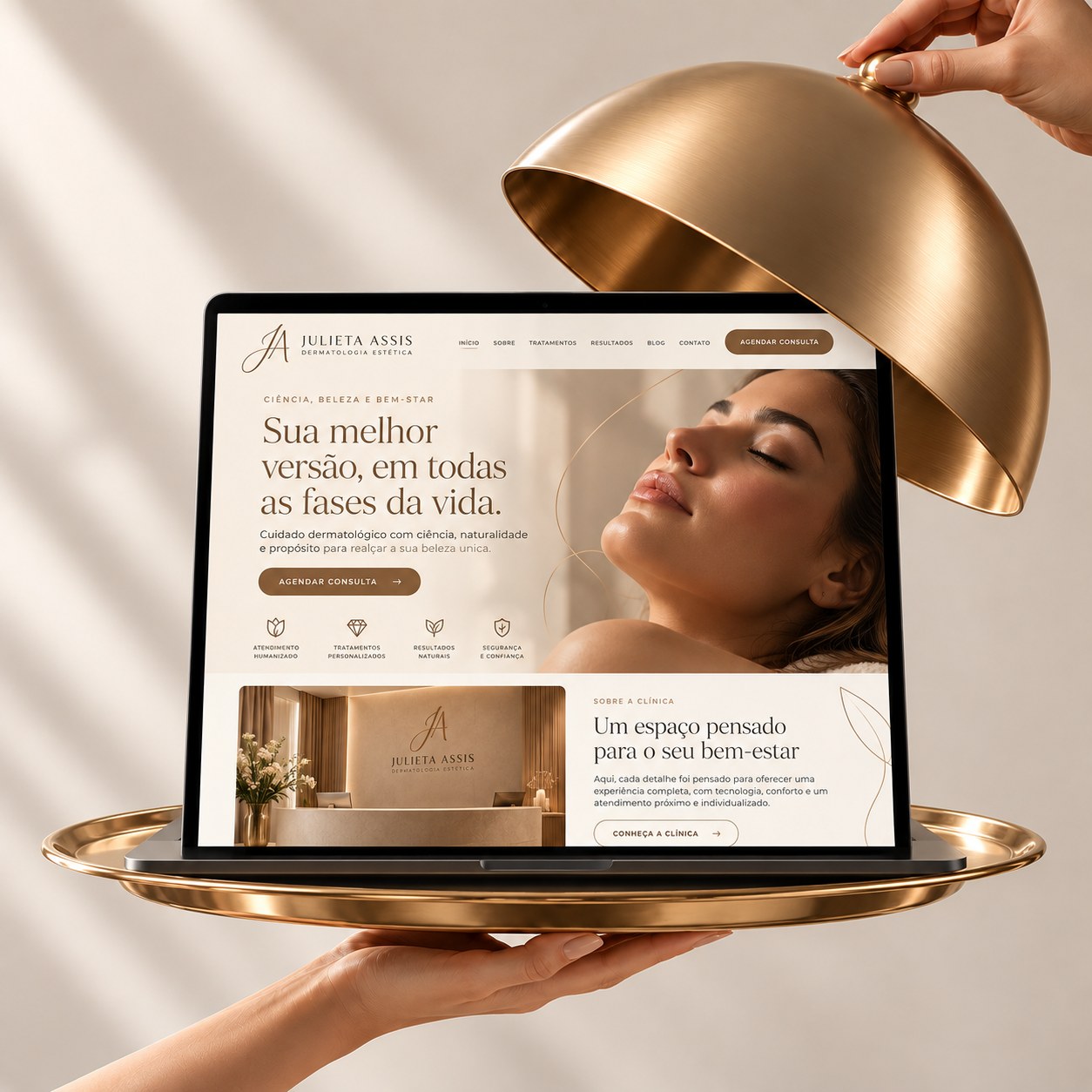 Landing page Julieta Assis revelada sob uma cloche dourada