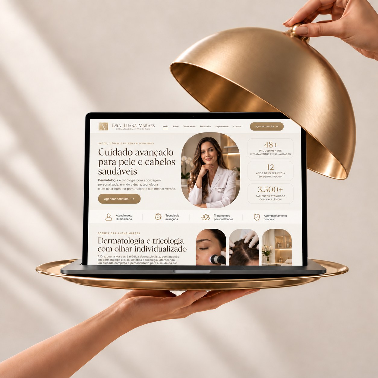 Landing page Dra. Luana Maraes revelada sob uma cloche dourada