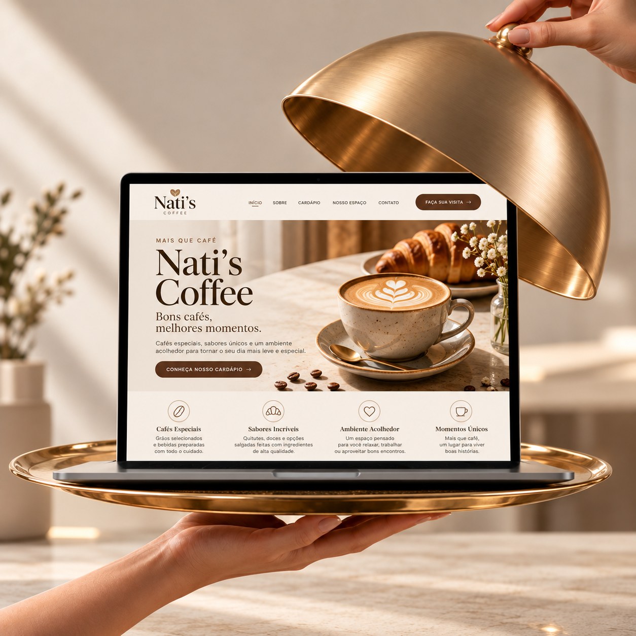 Landing page Nati's Coffee revelada sob uma cloche dourada