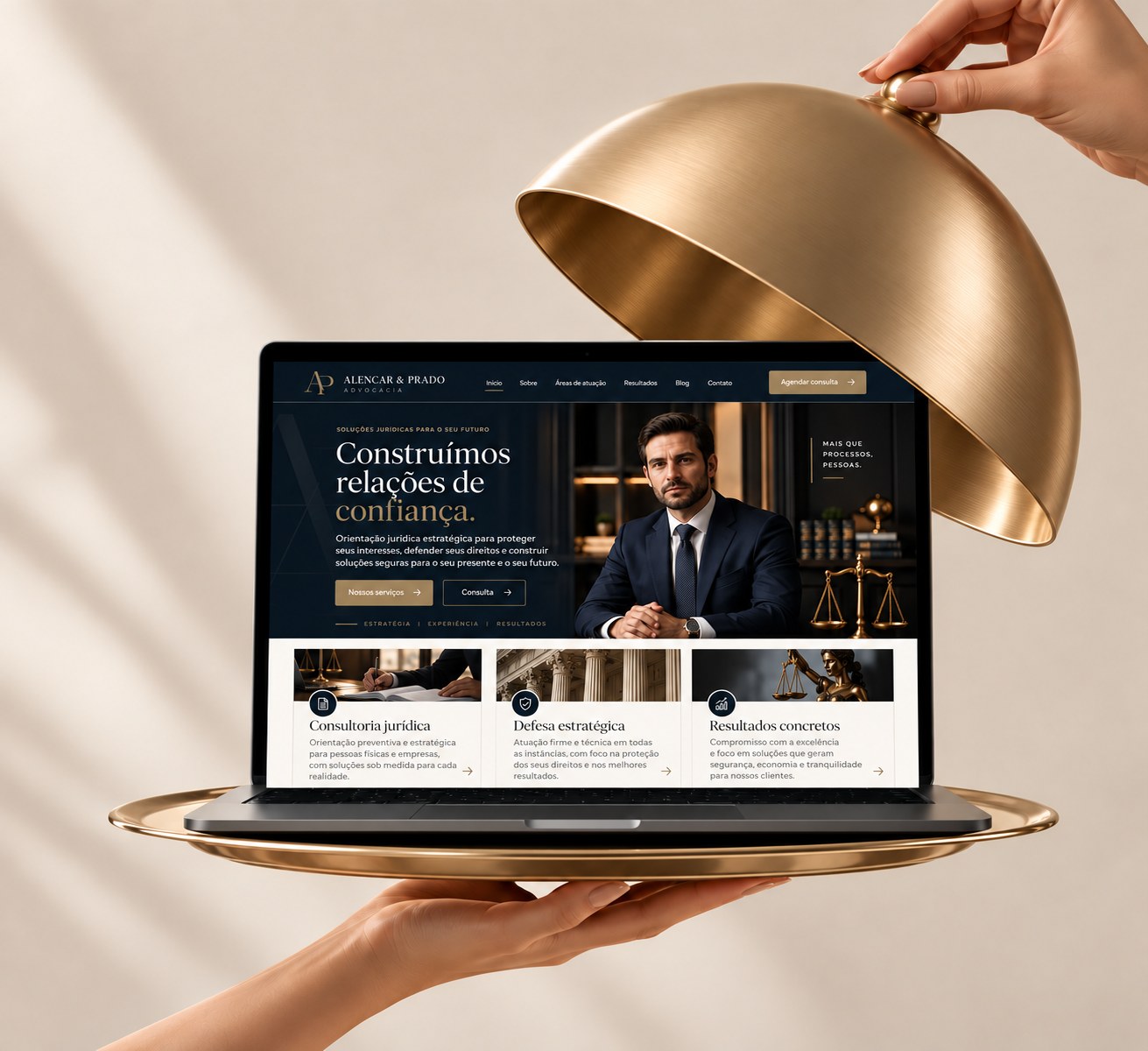 Landing page Alencar & Prado revelada sob uma cloche dourada