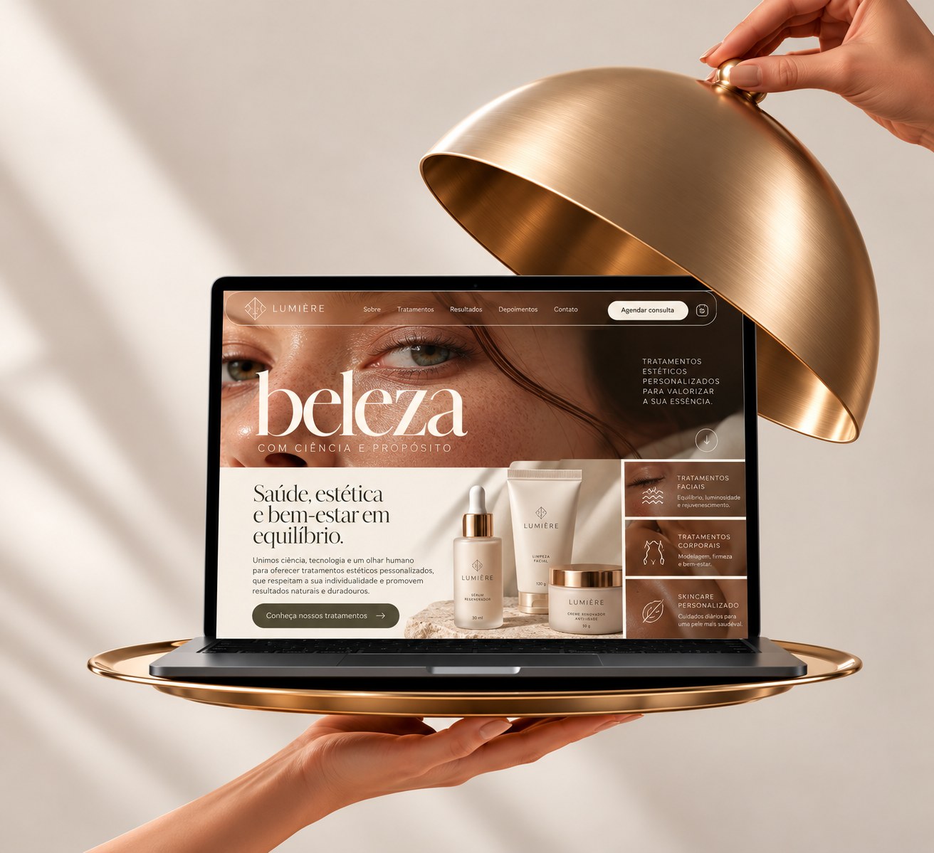 Landing page Lumière revelada sob uma cloche dourada