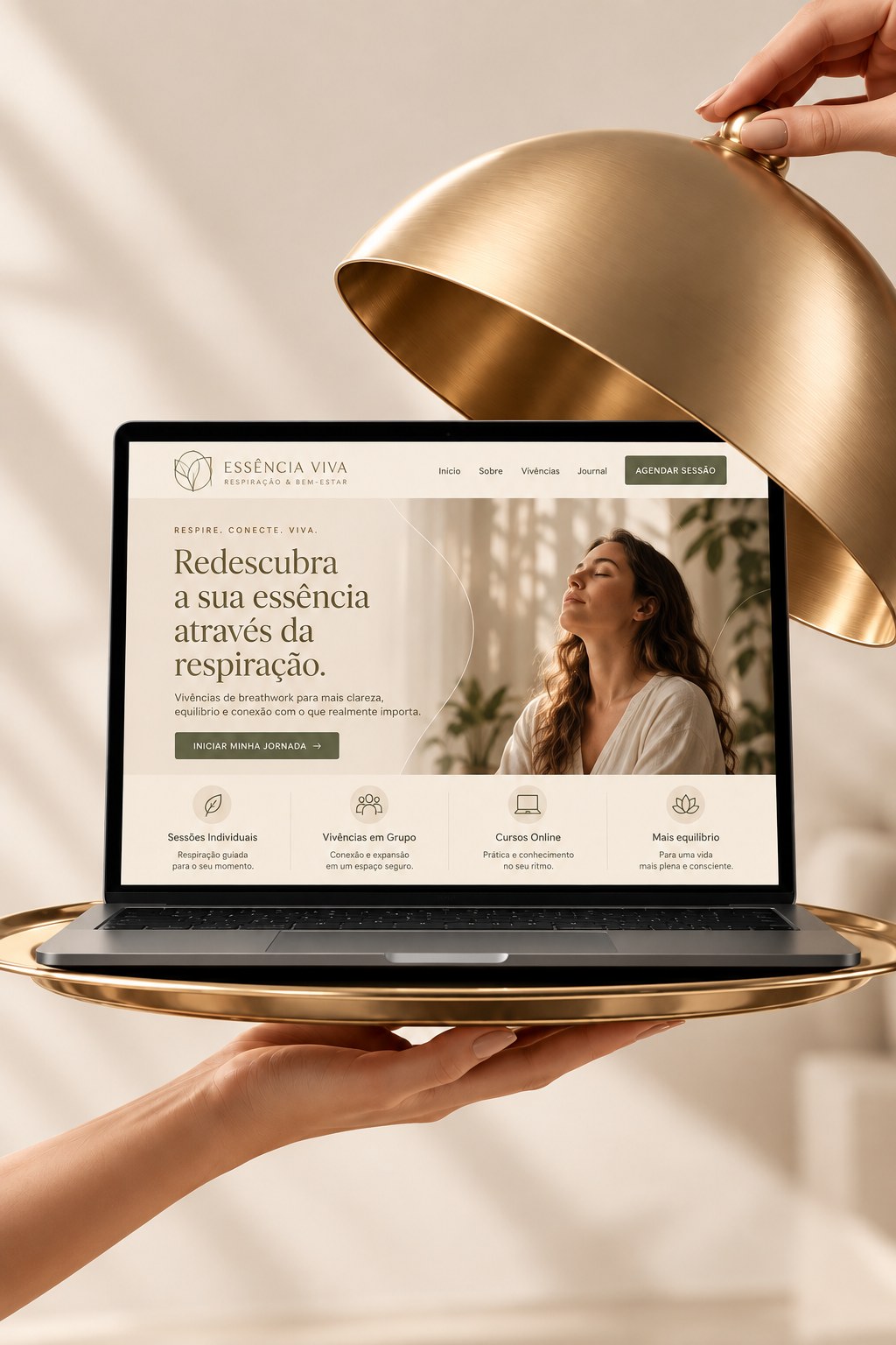 Landing page Essência Viva revelada sob uma cloche dourada
